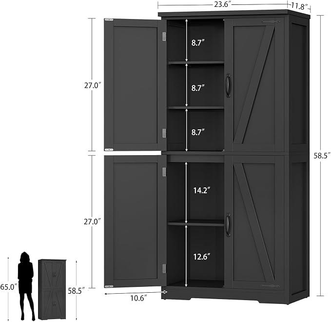 58" H Storage Cabinet with Adjustable Shelf, Kitchen Cabinet with 4 Doors, Farmhouse Pantry Cabinets, Cupboard for Kitchen, Bathroom, Living Room, Black