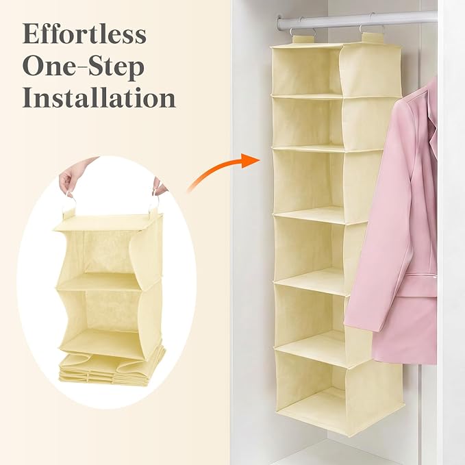 Lifewit 6 Tier Hanging Portable Closet Storage Organizer for Shelves, Gray | Foldable Clothes Shelf with 2 Sturdy Hooks, Sweater/Coat/Shoes Clothing Organization for Wardrobe, Dorm, Bedroom