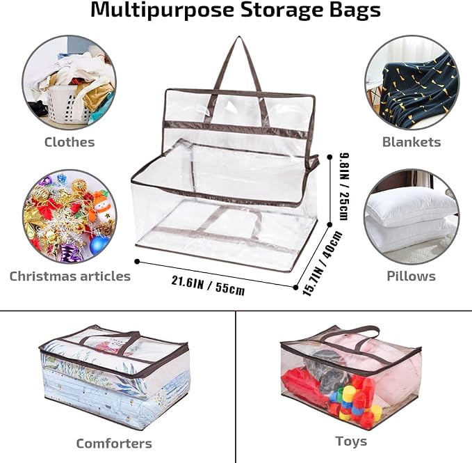 Clear Storage Bags 55L, Heavy Duty PVC Vinyl Organizer with Black Trim & Reinforced Handles, Waterproof Moistureproof Blanket Bag for Clothes, Comforter, Bedding, Moving, 3 Pack