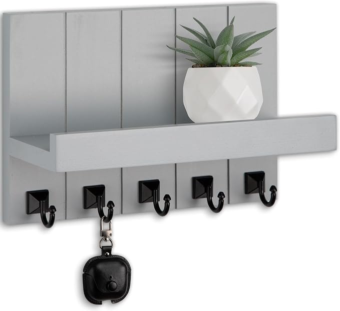 Key Holder for Wall, Decorative Key Holder with Shelf, Key and Mail Holder Wall Mount, Farmhouse Decor with 5 Key Hooks for Keys, Coats, ect.