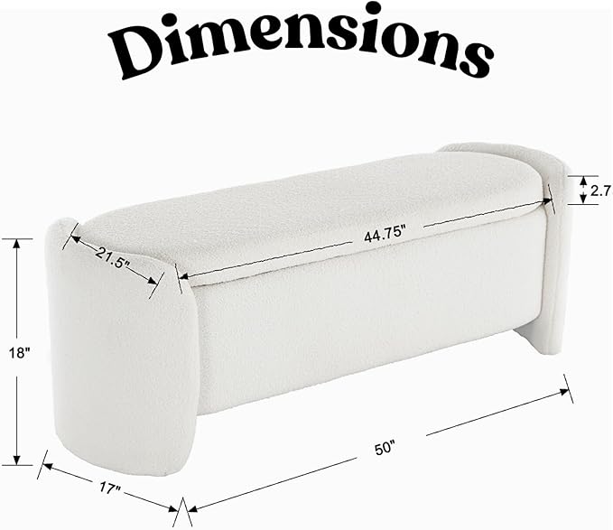 LukeAlon 50" Wide Sherpa Storage Bench, Sturdy Solid Wood Frame Ottoman with Large Hidden Storage, Anti-Slip & Durable Shoe Bench for Bedroom, Entryway, Living Room, White, No Assembly Required