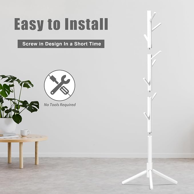 8-Hook Freestanding Coat Rack 3 Adjustable Heights White 2PCS | Easy Tool-Free Setup,Ideal for Entryway Bedroom Hallway Office,Holds Clothes Hats Handbags,Space-Saving Vertical Design