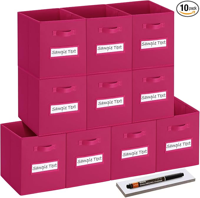 11x11 storage cube bins (Set of 10) Foldable Fabric storage cubes with 10 Labels Window Cards & a Pen,11 inch cube storage bin,Closet Organizers for Shelves,Cubby Organizer Boxes,Dark pink
