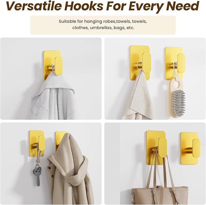Large Heavy Duty Wall Hooks - 26lb Max, Stainless Steel Adhesive Towel Hooks for Hanging Towel, Coat, Robe, Hat, Sticky Towel Holder for Wall Mount in Bathroom, Shower, Kitchen (Gold, 2 Pack)