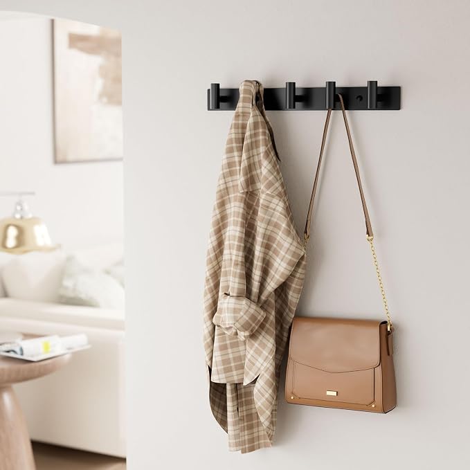 Black Wall Mounted Coat Rack – 5 T-Shaped Hooks on 16.5" Rail, (1 Pack) | for Hanging Hats, Bags & Towels, Heavy-Duty Metal Hooks for Entryway, Bathroom, Closet, Bedroom
