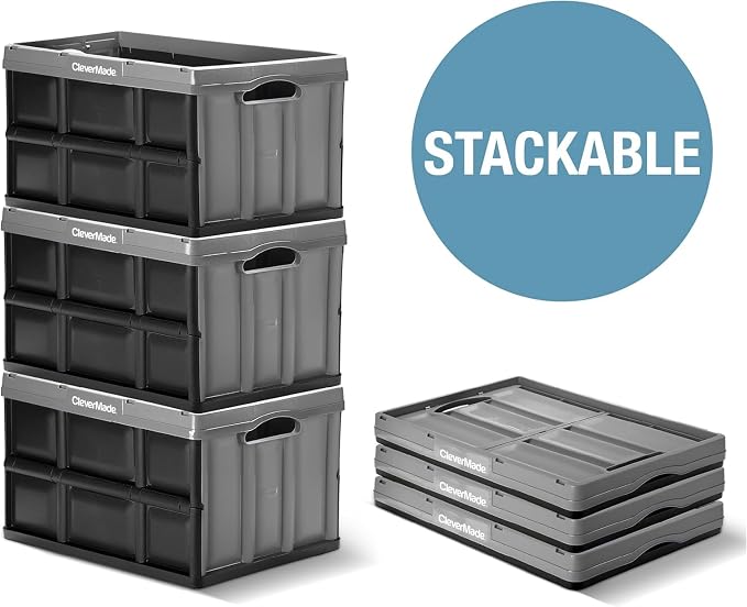 CleverMade Collapsible Storage Bins, 32L 3 Pack, Durable Plastic, Stone | Reinforced plastic handles groceries, tools, and sports gear. Interlocking bins stack open and nest compactly when folded.