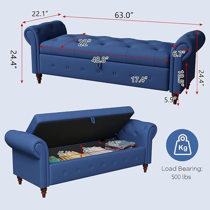 NIOIIKIT 63'' Storage Ottoman Bench, Tufted Entryway Bench Blue Polyester | Button Tufted End of Bed, Large Storage Space, Rolled Armed Ottoman Couch Long Bench for Bedroom, Living Room, Hallway