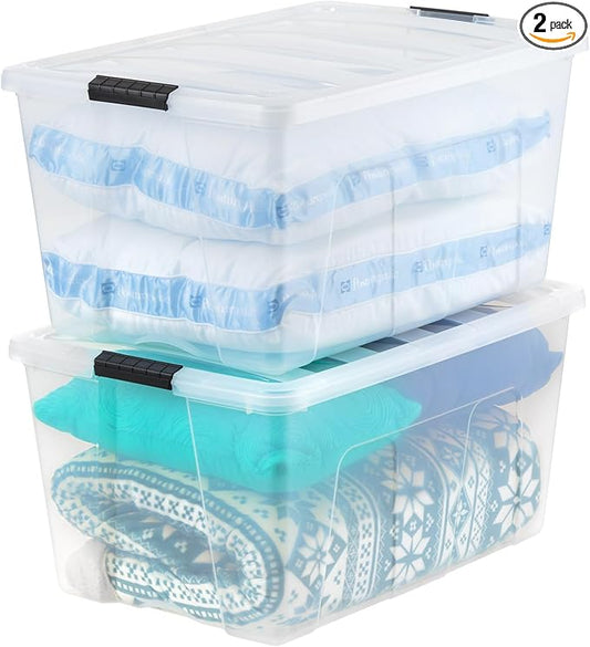 IRIS USA 2-Pack 94 Quart Storage Bins with Lids, Clear | Transparent design makes contents easy to find. Ideal for holiday décor, bulky items, and long-term storage. Nestable design