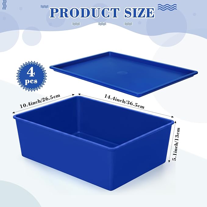 4 Pcs Storage Bins with Lids Plastic Stackable Containers for Classroom Room Organizing Shelves Christmas Ornament Box Baskets(Dark Blue, Light Blue,Large)