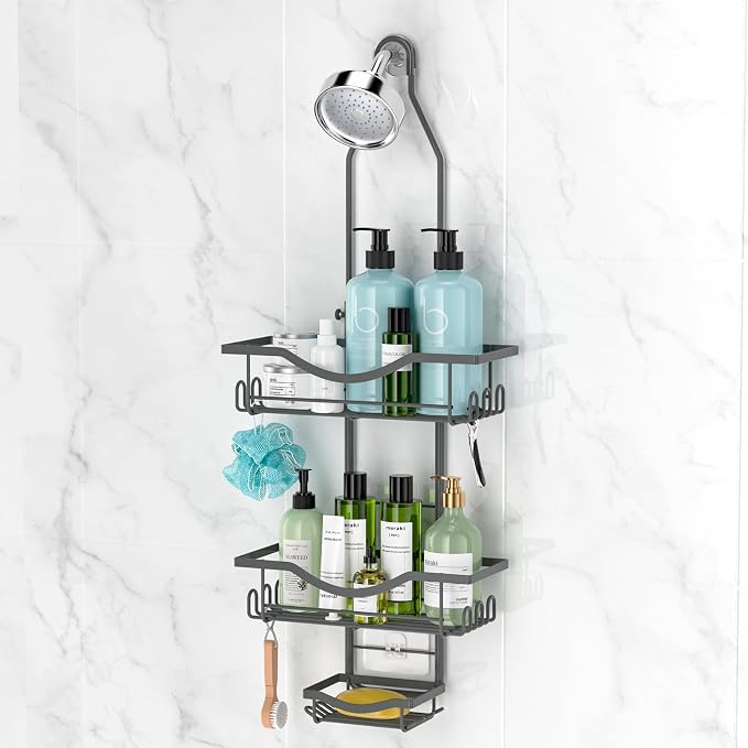 REINHARDT Shower Caddy Hanging Adjustable, Extended Length Rustproof Shower Caddy Over Shower Head with Hooks Soap Holder, Large Capacity Shower Organizer Anti-Swing Bathroom Organizer, Grey | Shower Caddy Over Showerhead, Extra Long, No Drilling, Anti...