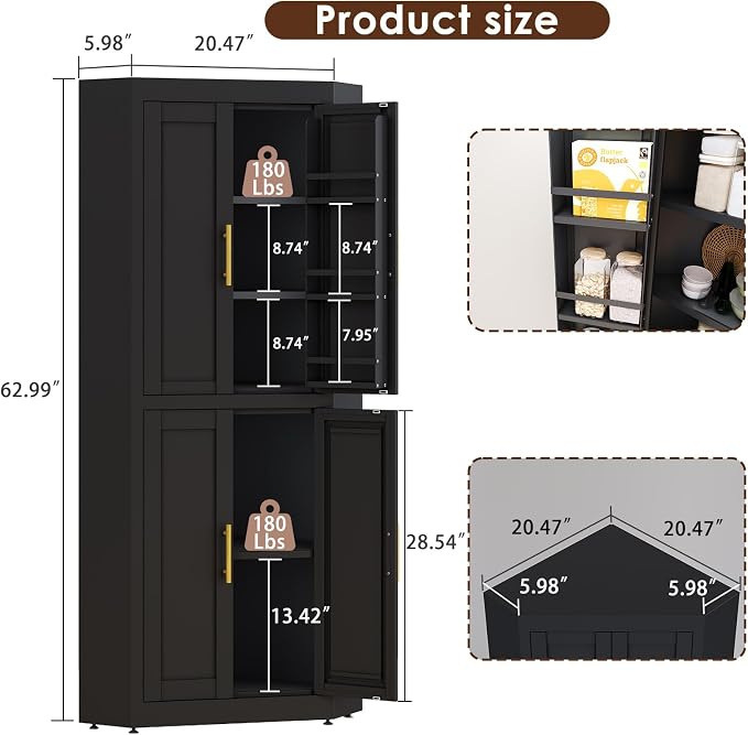 Farmhouse Corner Cabinet, 63" Tall Corner Storage Cabinet with 4 Doors & 3 Adjustable Shelves, Free Standing Storage Cabinet for Living Room, Kitchen, Bathroom, Black