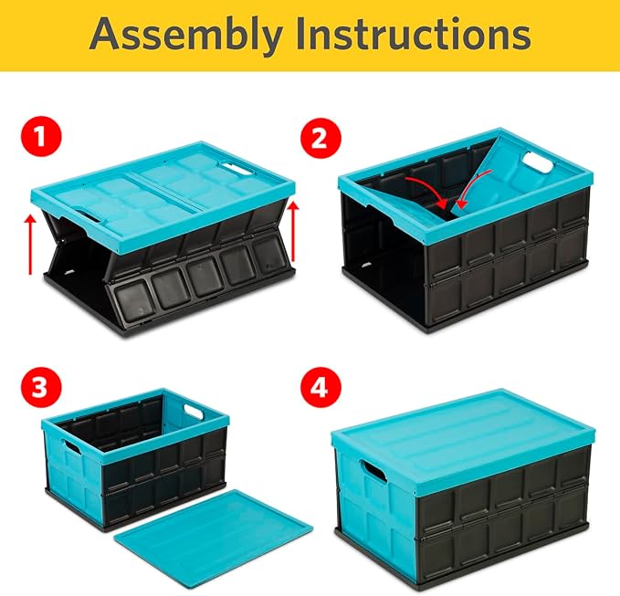 Glad Collapsible Storage Bin with Lid - 48L Foldable Plastic Box for Garage, Car Trunk, and Organization - Stackable Lidded Container with Handles, Turquoise