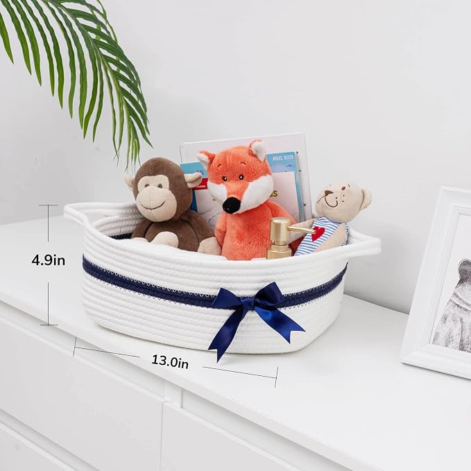 CHICVITA Decorative Small Woven Gift Basket for Shelves, White | 13" x 10" x 5", Nursery Basket for Diapers, Toys & Baby Essentials Storage, Closet & Bedroom Organizer, Built-In Handles