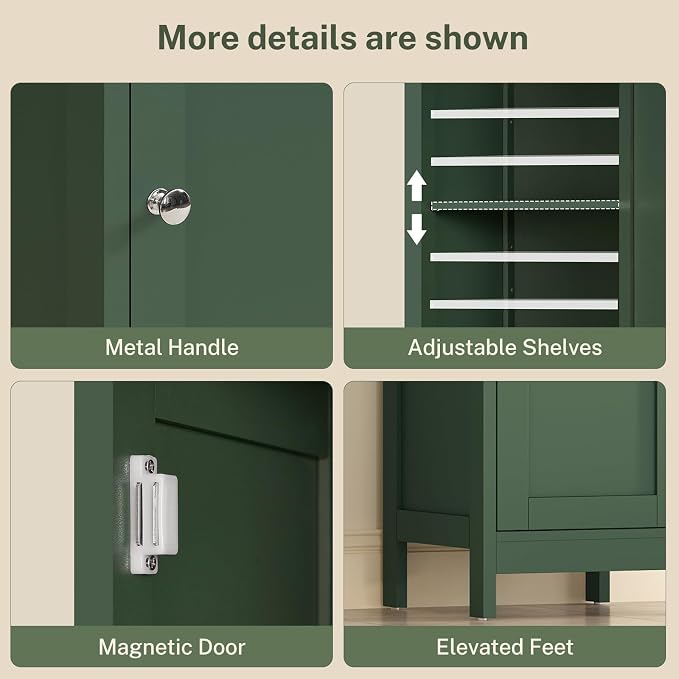 67" Tall Bathroom Cabinet with Adjustable Shelves and Doors, Narrow Bathroom Storage Cabinet for Small Space, Living Room, Entryway, Kitchen, Green