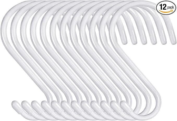 4 Inch Heavy Duty S Hooks - 12 Pack, Large Vinyl Coated, White Rubber Coated Non Slip Metal S Hangers for Hanging Closet, Garden, Plants, Jewelry, Pot, Pan, Cups, Towels