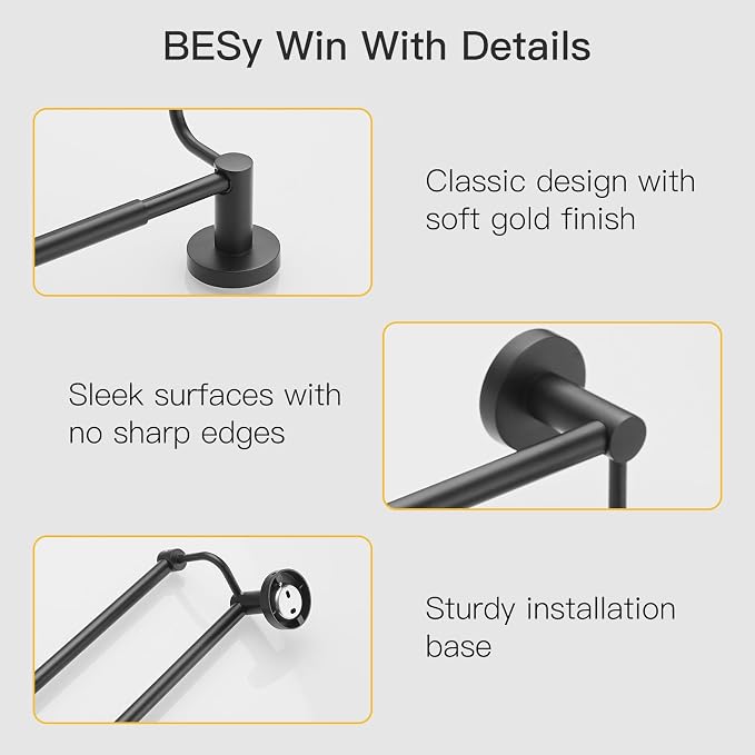 BESy Double Towel Bar Towel Rack for Bathroom Bath Wall Mounted Matte Black | Adjustable 16-26 In,Wall Mounted Towel Holder, Stainless Steel, Rustproof, Towel Bar Rod Hanger Hardware Accessories Hotel