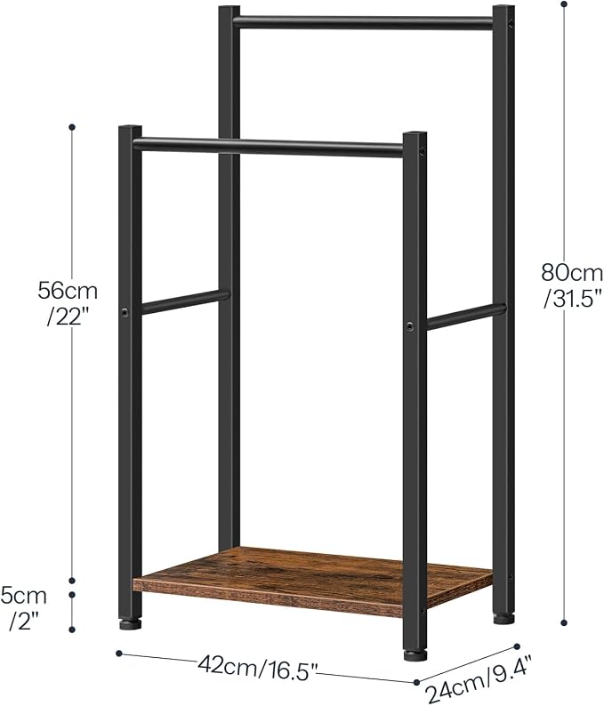 HOOBRO Free Standing Towel Rack for Bathroom, 2 Tier Blanket Rack, 16.5" L x 9.4" W x 31.5" H, Blanket Holder, Drying and Display Rack with Shelf, Rustic Brown and Black BF02LB01