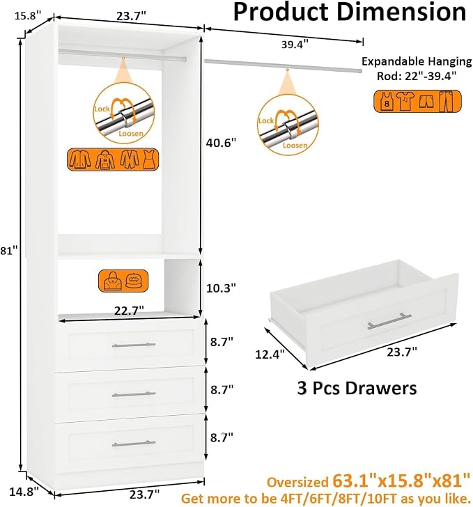 Closet System with Drawers, 2FT Closet Organize System with 3 Drawers & 2 Hanging Rods &for Walk in Closets, 24" Freestanding Closet System, White(VO-009)