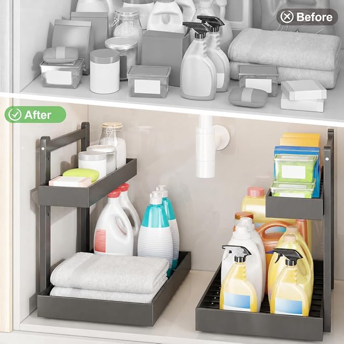 Bamboo Under Sink Organizer 2 Pack, 2-Tier Pull Out Cabinet Organizer | Kitchen Sink Organizer | Bathroom Cabinet Organizer | Cleaning Supply Storage | L-Shape | 3-Level Adjustable | Natural Bamboo