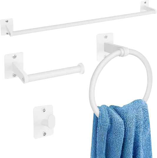 KLJKPA Bathroom Accessories Set, 4-Piece White Bathroom Hardware Set | 24 inch Towel Bar, Towel Racks for Bathroom, Robe Towel Hooks, Toilet Paper Holder Wall Mounted