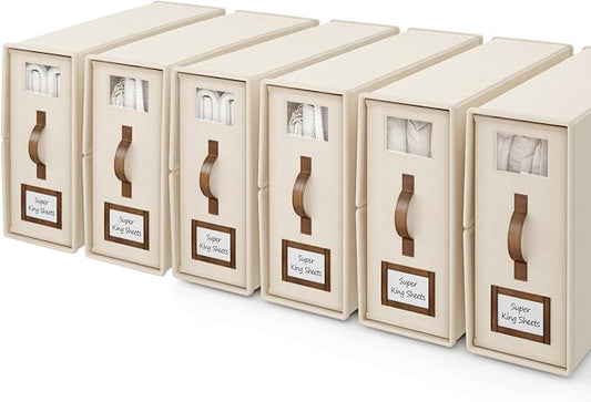 6 Pack Foldable Bed Sheets Set Organizers and Storage(Cal King Size),Linen Fabric Closet Organizers with Window,Folding Bedding Storage Box for Bedsheets and Pillow Cube Organizer-Beige