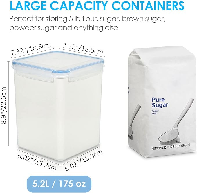 Vtopmart 5.2L Flour Sugar Storage Containers, 4 PCS, Blue | Airtight Seal, Multiple Sizes, BPA Free, Food Grade Material, Dishwasher Safe (Not Lids), 4 Measuring Cups and 24 Labels
