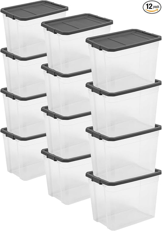 Sterilite 12-Pack Modular Stacker Box, Durable Clear Plastic Storage Bins with Latching Lids, 108 Quart - Stackable Organizing Container Boxes for Closet, Bathroom, and Office