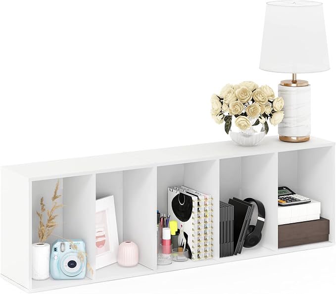 Furinno LUDER Book Shelf, 5-Tier Bookshelf, Bookcase with Open Shelves, 9.4 x 15.8 x 52, Easy Assembly, for Living Room, Bedroom, Home Office, White