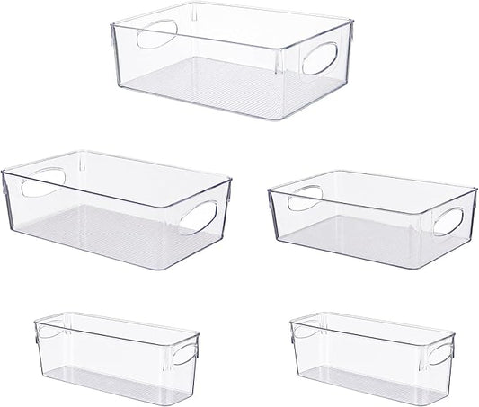 UFORU 5 Pack Clear Plastic Pantry Organizers and Storage with Handles | Non-slip Bottom Stability, Space-Saving Stackable Design, Clear Visibility, Thickened Plastic, Multi-Scene Storage Solutions
