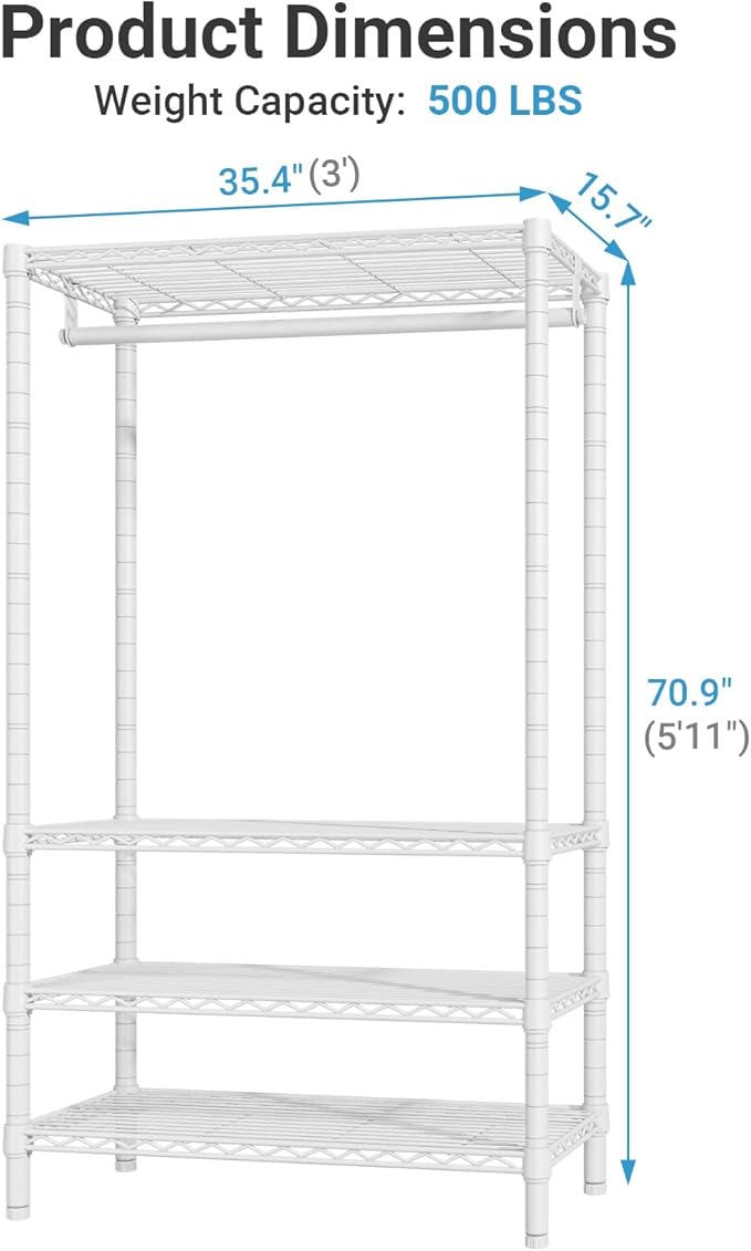 VIPEK V1 4-Tier Clothes Rack with Hanging Rod, Freestanding Closet, White | Freestanding Closet Clothing Rack with 4 Adjustable Shelves for Bedroom/Closet/Laundry Rooms, Heavy Duty Max Load 500 LBS