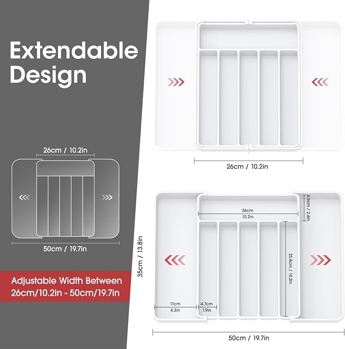 Aujen Silverware Drawer Organizer, Adjustable Utensil Cutlery Tray | Expandable Kitchen Organizer for Forks Knives, Multipurpose Kitchen Storage, Apartment Essentials, White, Large