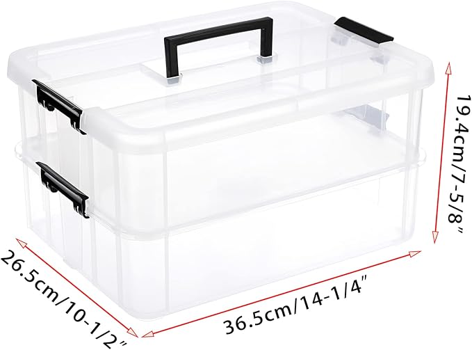 JUXYES 2-Tiers Plastic Stack Carry Storage Containers Box wih Handle Lids | Clear Stackable Latching Craft Storage Bin for School Office, Organizing Stationery, Sewing, Art Craft, DIY Supplies, Black