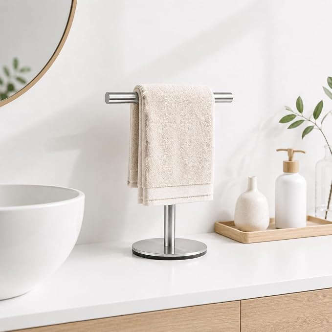 Bath Hand Towel Holder Standing, 13 Inch T-Shape Towel Bar Rack Stand, SUS304 Stainless Steel Brushed Finish,Tower Bar for Bathroom Kitchen Vanity Countertop