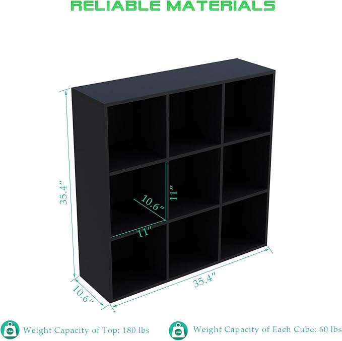 OSCHF 9-Cube Storage Shelf Bookcase, Black | Wooden 3-Tier Open Bookshelf, Fits 11×11" Bins, Vertical or Horizontal Use, Full Back Panels, For Home Office