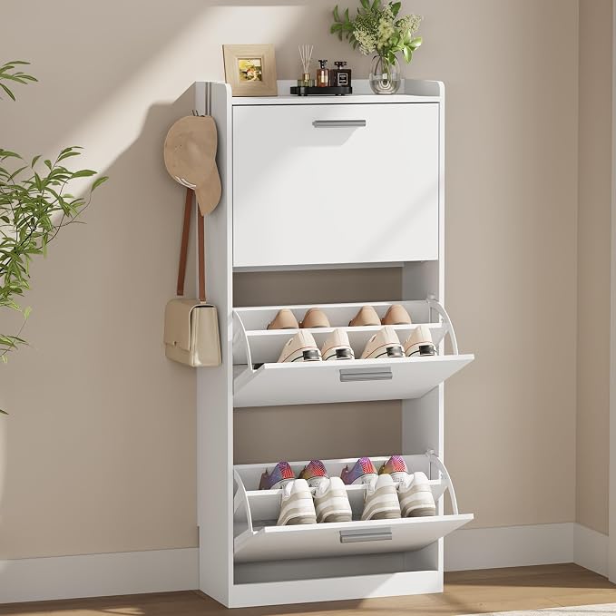 Shoe Cabinet Organizer with 2 Flip Drawers,Narrow Shoe Rack 18.9" W White | Freestanding shoe storage cabinet for entryway,foyer and hallway,slim design and space-saving flip drawers