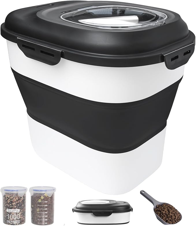 30-35 Lbs Dog Food Storage Container Collapsible Dog Food Container | Large Pet Food Storage with Airtight Lids,Wheels,Scoop and 2Pcs Food Storage Containers for Dog,Cat