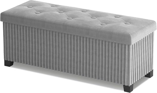 LITZFUR 43 Inches Storage Ottoman Bench, Velvet Foot Rest Stool, Grey | Folding Ottoman with Legs, End of Bed Bench, Storage Chest for Living Room, Bedroom