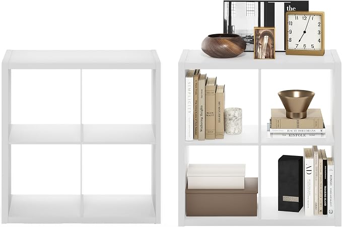 Furinno Cubicle Book Shelf Set of 2, 4-Cube Bookshelf, White | 14.6 x 30 x 30, 1.2" Thick Frame Bookcase with Reversible Open Back, for Living Room, Bedroom, Home Office