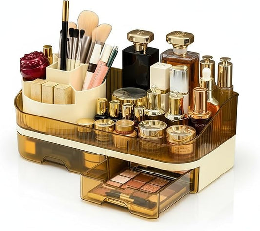 Makeup Organizer Countertop with Dual Drawers, Large Capacity Cosmetic Storage for Vanity Bathroom Skincare, 360° Rotating Makeup Brush Holder
