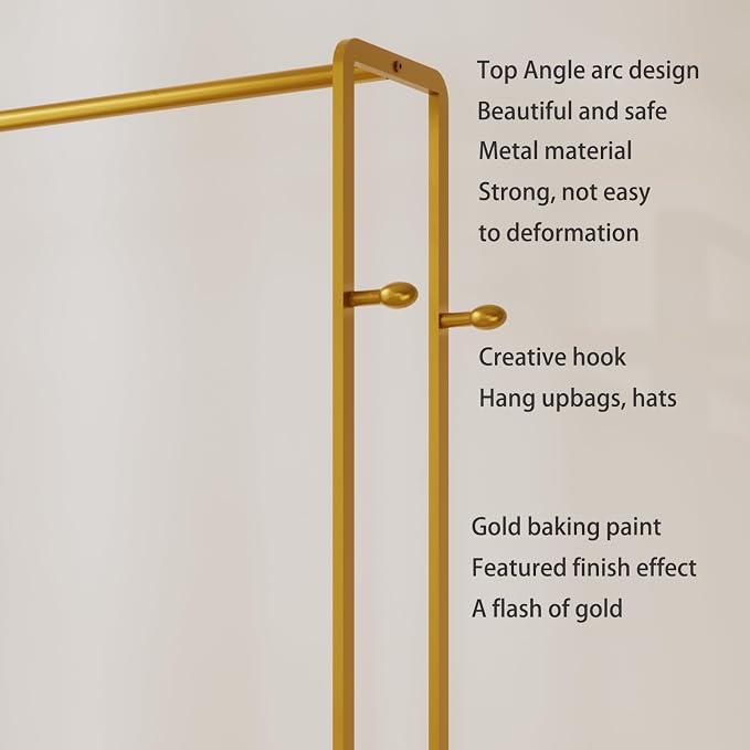 Gold Rolling Garment Rack with Shelves and Hooks,Freestanding Metal Clothing Rack with Wheels,Modern Clothes Hanging Rack for Bedroom,Closet,Boutique Display