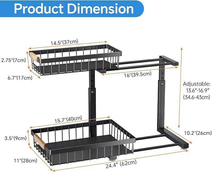 PXRACK Under Sink Organizer, Adjustable Height, 2 Tier Pull Out Under Cabinet Organizer, Slide Out Thickened Metal Under Sink Storage for Kitchen Bathroom Laundry Pantry Cabinet, Black, Large-1-Pack
