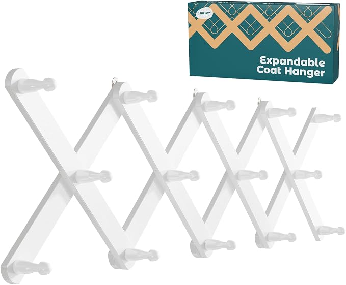 OROPY Accordion Wall Hanger with 14 Pegs, Expandable Wooden Coat & Hat Rack | White Color, Hat Display Rack, X Shape Rack for Coat, Hats, Bags, Baseball Caps, Coffee Mug, Jewelry
