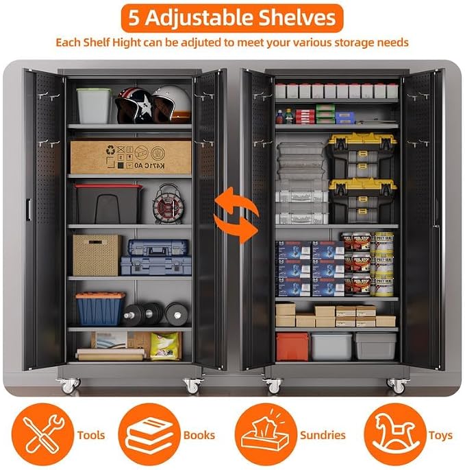 Aobabo Metal Storage Cabinet with Wheels and Door Pegboard | Garage and business storage for tools and office supplies; 5 adjustable shelves, lockable black cabinet, 16"D x 32"W x 71"H