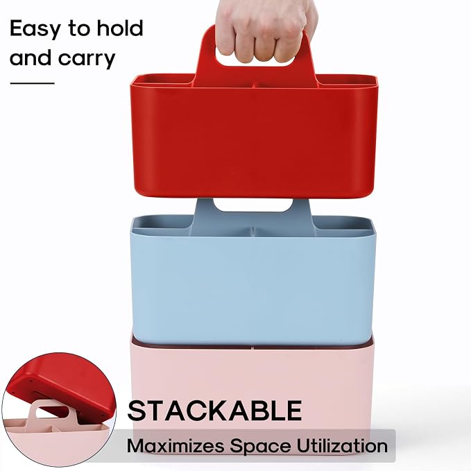 Multiuse Caddy Organizer with Handle, Portable Divided Plastic Tote Bin - Art Craft, Stationary Pen Marker Crayons, Makeup Hair Supplies Storage - Bathroom, Classroom, Dorm, Office, Desk Holder - Red