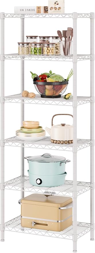 SINGAYE 6 Metal Shelves Wire Shelving Storage Shelf Adjustable Unit Pantry | 6 Tier Kitchen Laundry Room Organization Home Pantry Closet Bathroom Organizers Garage Rack 12" D x 22" W x 69.5" H White