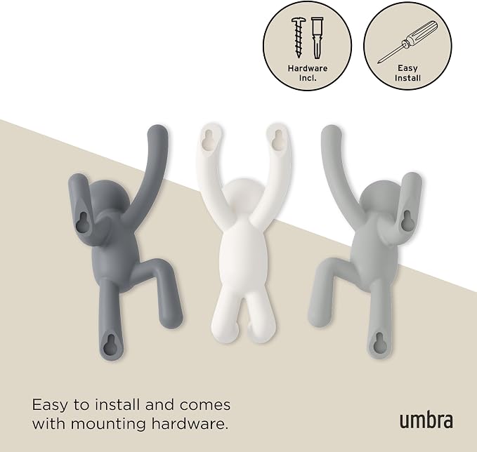Umbra Buddy Wall Hooks, Decorative Wall Mount Coat Hooks, Set of 3, Grey | Easy install with hardware, holds 5lbs per hook, entryway bedroom bathroom dorm, playful hanging storage, recycled plastic