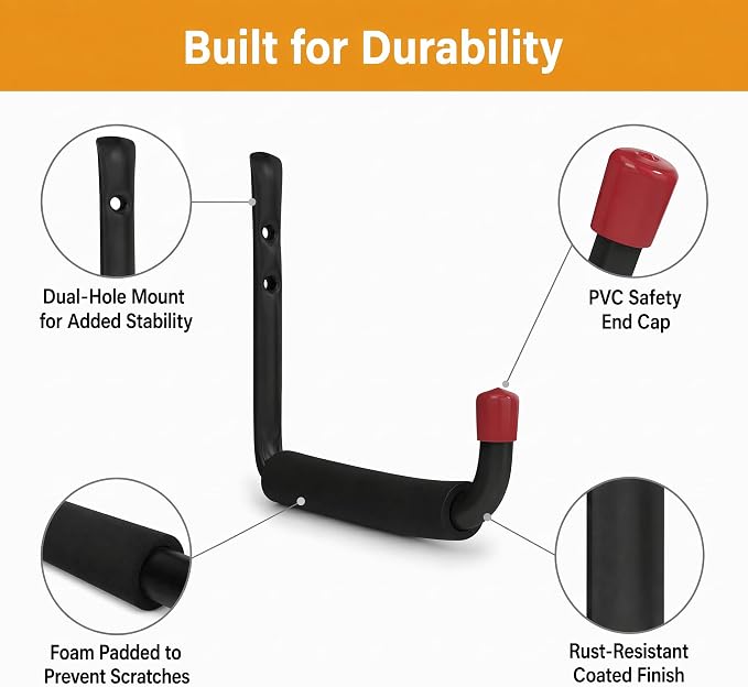 6 Pack Garage Hooks Heavy Duty, Utility Steel Hooks with EVA Foam Padding, 4.64inch Wall Mount J Organizer Hanger for Hanging Bikes Kayak Garden Tool Hose Bike Shelf