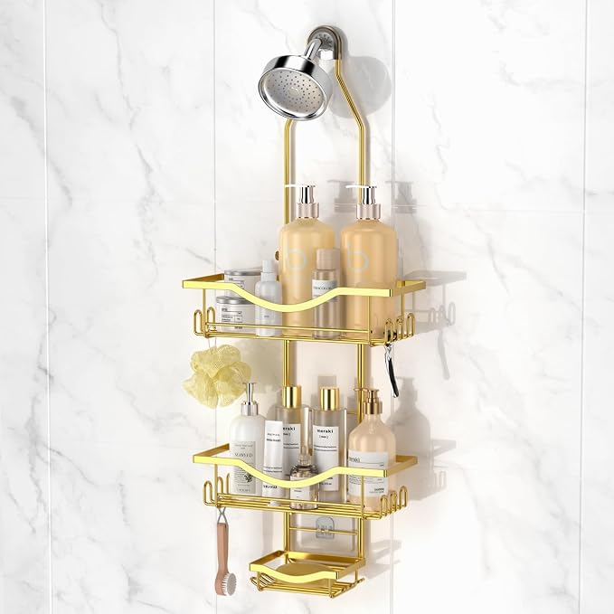 Shower Caddy Hanging Adjustable Shower Caddy, Rustproof Shower Organizer Extended Length Showers Caddy Over Shower Head with Hooks Soap Holder, Large Capacity Anti-Swing Bathroom Organizer, Gold | Shower Caddy Over Showerhead, Extra Long, No Drilling, ...
