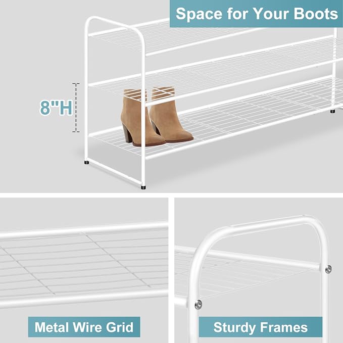 AOODA Long 3 Tier Metal Shoe Rack for Closet Wide Stackable Shoe Storage Organizer for Entryway, Bedroom, Floor, 24-Pairs Men Sneakers Boot Shelf with Wire Grid, White