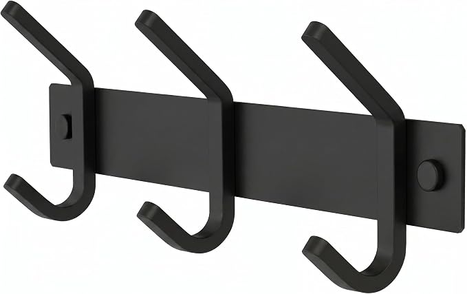 Coat Rack Wall Mount – 9 Inch Stainless Steel Small Hook Rail with 3 Double Coat Hooks for Hanging – Wall Mounted Entryway Organizer for Coats, Hats, Bags, Towels, Robes, Bedroom or Bathroom - Black